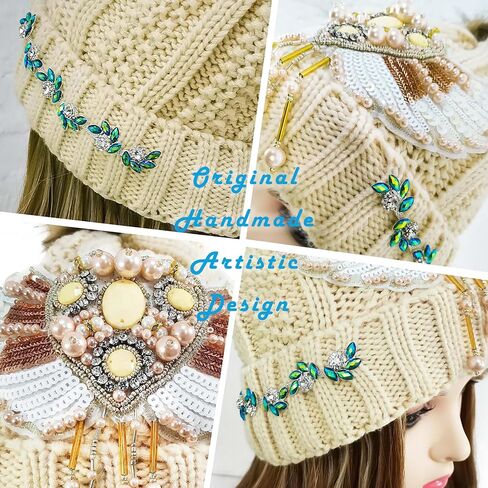 Pearl Wing Beanie Wig Hats for Women Pom with Hair Extensions Wavy Soft Attached 18",Cute Beanies with Designs in Saudi Arabia