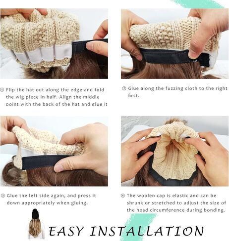 Pearl Wing Beanie Wig Hats for Women Pom with Hair Extensions Wavy Soft Attached 18",Cute Beanies with Designs in Saudi Arabia