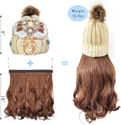 Pearl Wing Beanie Wig Hats for Women Pom with Hair Extensions Wavy Soft Attached 18",Cute Beanies with Designs in Saudi Arabia