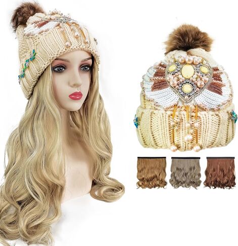 Pearl Wing Beanie Wig Hats for Women Pom with Hair Extensions Wavy Soft Attached 18",Cute Beanies with Designs in Saudi Arabia