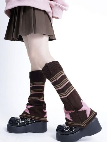 Harajuku Leg Warmers Y2k Two Side Wear Kawaii Lolita Socks Star Knitted Striped Goth Leg Warmers Streetwear in Saudi Arabia
