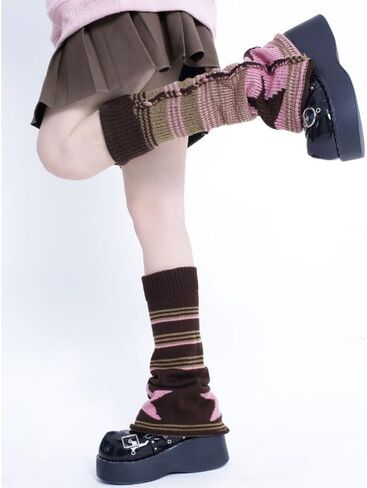 Harajuku Leg Warmers Y2k Two Side Wear Kawaii Lolita Socks Star Knitted Striped Goth Leg Warmers Streetwear in Saudi Arabia