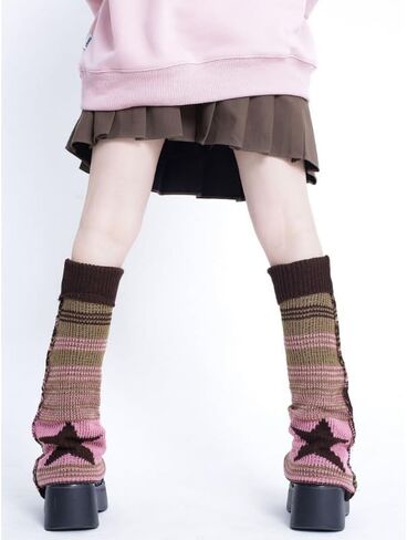 Harajuku Leg Warmers Y2k Two Side Wear Kawaii Lolita Socks Star Knitted Striped Goth Leg Warmers Streetwear in Saudi Arabia
