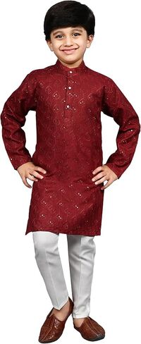 AHHAAAA Kid's Indian Ethnic Sequin Print Embroidery Mirror Work Kurta with Pajama for Boys 519 in Saudi Arabia