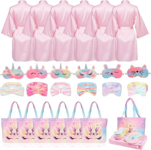 Spa Party Supplies for Teen Satin Robe Hairbands Robe Bathrobe Silk Satin Pink Kimono Slumber Robe with Canvas Bags Blindfolds Slumber Party Favors for Spa Birthday Sleepover Party Sleepwear 6 Sets in Saudi Arabia