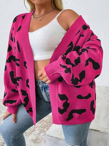 Cardigan Sweaters for Women Loose V Neck Leopard Print Open Front Knitted Sweater Warm Drop Shoulder Sweater Coat in Saudi Arabia