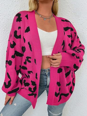 Cardigan Sweaters for Women Loose V Neck Leopard Print Open Front Knitted Sweater Warm Drop Shoulder Sweater Coat in Saudi Arabia