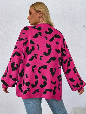 Cardigan Sweaters for Women Loose V Neck Leopard Print Open Front Knitted Sweater Warm Drop Shoulder Sweater Coat in Saudi Arabia