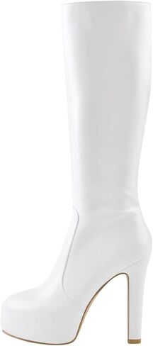 richealnini Women's Low Platform Block High Heel Knee High Boots with Zipper in Saudi Arabia
