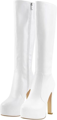 richealnini Women's Low Platform Block High Heel Knee High Boots with Zipper in Saudi Arabia