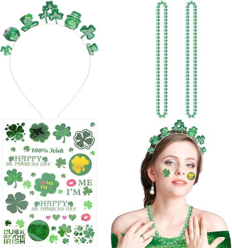 Capoda St Patrick's Day Accessory Set with 1 Shamrock Headbands 2 Green Bead Necklaces 1 Glitter Face Tattoo for St. Patrick's Parade Costume Irish Day Party Supplies in Kuwait