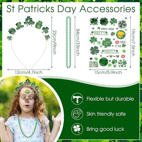 Capoda St Patrick's Day Accessory Set with 1 Shamrock Headbands 2 Green Bead Necklaces 1 Glitter Face Tattoo for St. Patrick's Parade Costume Irish Day Party Supplies in Kuwait