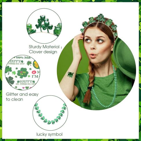 Capoda St Patrick's Day Accessory Set with 1 Shamrock Headbands 2 Green Bead Necklaces 1 Glitter Face Tattoo for St. Patrick's Parade Costume Irish Day Party Supplies in Kuwait