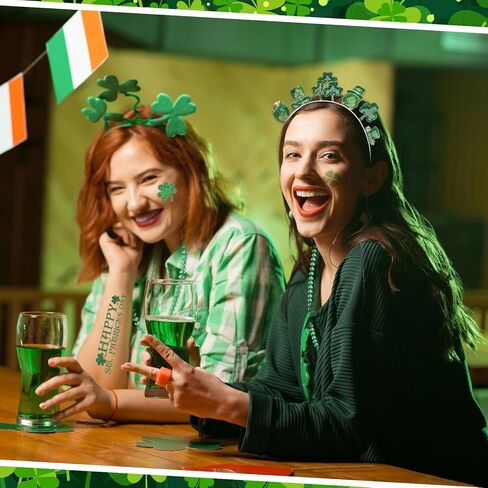 Capoda St Patrick's Day Accessory Set with 1 Shamrock Headbands 2 Green Bead Necklaces 1 Glitter Face Tattoo for St. Patrick's Parade Costume Irish Day Party Supplies in Kuwait