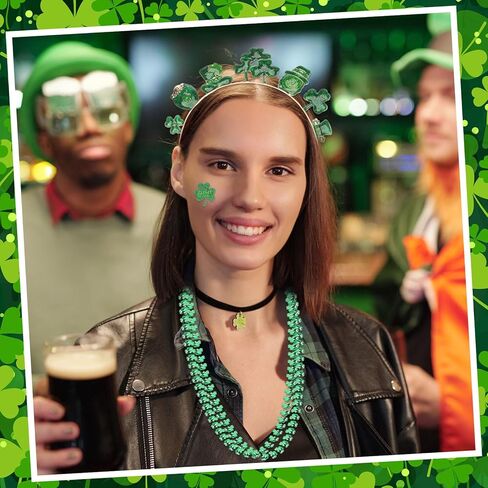 Capoda St Patrick's Day Accessory Set with 1 Shamrock Headbands 2 Green Bead Necklaces 1 Glitter Face Tattoo for St. Patrick's Parade Costume Irish Day Party Supplies in Kuwait