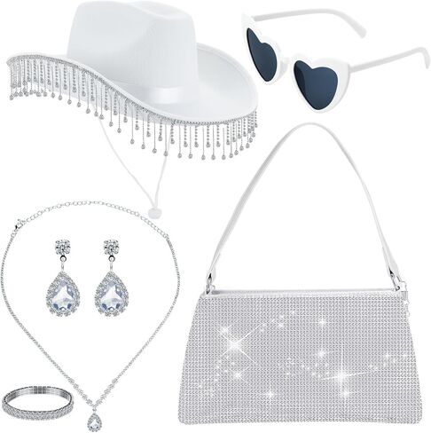 إكسسوارات أزياء رعاة البقر Breathffy للنساء والفتيات تتضمن قبعة رعاة البقر من حجر الراين على شكل قلب ونظارة شمسية بمقبض وحقيبة مجموعة مجوهرات لحفلات الزفاف in Kuwait