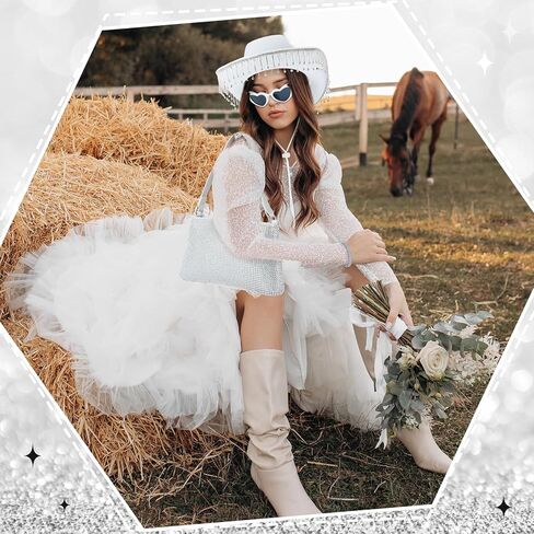 إكسسوارات أزياء رعاة البقر Breathffy للنساء والفتيات تتضمن قبعة رعاة البقر من حجر الراين على شكل قلب ونظارة شمسية بمقبض وحقيبة مجموعة مجوهرات لحفلات الزفاف in Kuwait