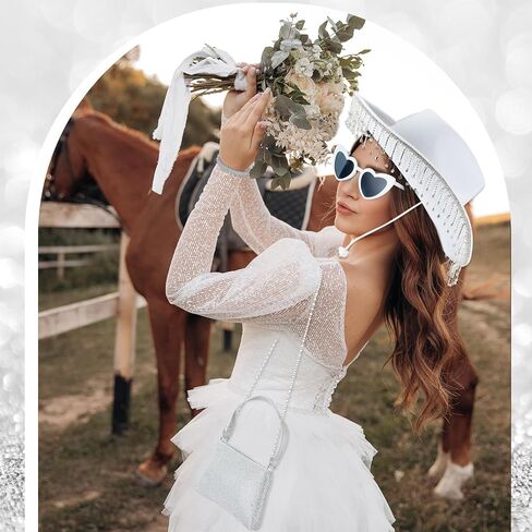 إكسسوارات أزياء رعاة البقر Breathffy للنساء والفتيات تتضمن قبعة رعاة البقر من حجر الراين على شكل قلب ونظارة شمسية بمقبض وحقيبة مجموعة مجوهرات لحفلات الزفاف in Kuwait