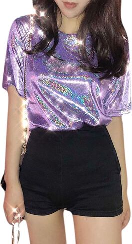 ANKOMINA Women Teen Girls Shiny Glitter Metallic T Shirt Tank Tops Holographic Rave Festival Party Blouse in Saudi Arabia