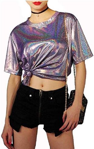 ANKOMINA Women Teen Girls Shiny Glitter Metallic T Shirt Tank Tops Holographic Rave Festival Party Blouse in Saudi Arabia