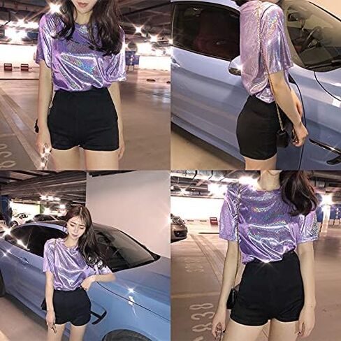 ANKOMINA Women Teen Girls Shiny Glitter Metallic T Shirt Tank Tops Holographic Rave Festival Party Blouse in Saudi Arabia