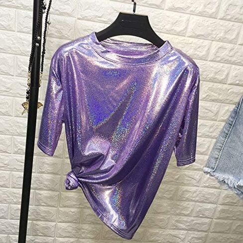 ANKOMINA Women Teen Girls Shiny Glitter Metallic T Shirt Tank Tops Holographic Rave Festival Party Blouse in Saudi Arabia