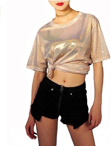 ANKOMINA Women Teen Girls Shiny Glitter Metallic T Shirt Tank Tops Holographic Rave Festival Party Blouse in Saudi Arabia