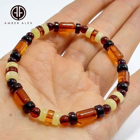 Multi-Color Amber Round, Barrel & Tablet Beads Stretch Bracelet. Genuine Baltic Amber. in Saudi Arabia