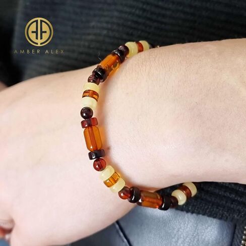 Multi-Color Amber Round, Barrel & Tablet Beads Stretch Bracelet. Genuine Baltic Amber. in Saudi Arabia