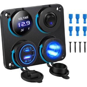 Upgraded Kohree 12V USB Outlet with Individual Switch, 4 in 1 USB C Marine Socket Panel Waterproof Rocker Toggle Switches with QC3.0 USB & Type C PD Port, Cigarette Lighter Socket for RV Marine Boat