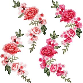 HINZIC 4pcs Peony Flower Embroidered Applique Sew Iron on Patches Bouquet Boho for Clothes Dress Jeans Hat Jackets Backpacks Bags Sweater Repairing Arts Craft Sew Making(Red)