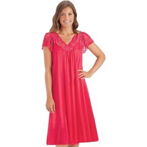 Collections Etc Women's Silky Lace Trim V-Neckline Knee-Length Nightgown with Flutter Lace Sleeves, Royal Blue, Large