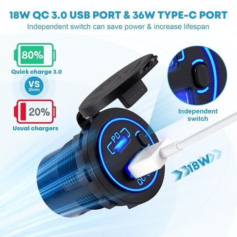 Upgraded Kohree 12V USB Outlet with Individual Switch, 4 in 1 USB C Marine Socket Panel Waterproof Rocker Toggle Switches with QC3.0 USB & Type C PD Port, Cigarette Lighter Socket for RV Marine Boat in Saudi Arabia
