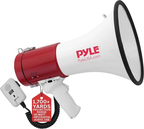 Pyle Megaphone Speaker PA Bullhorn - with Built-in Siren 50 Watts Adjustable Volume Control & Record Function - Ideal for Football, Baseball, Cheerleading Fans, Coaches or for Safety Drills PMP58U in Saudi Arabia