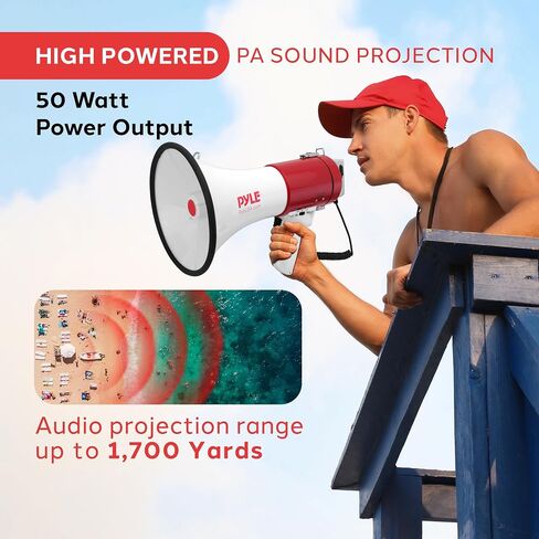 Pyle Megaphone Speaker PA Bullhorn - with Built-in Siren 50 Watts Adjustable Volume Control & Record Function - Ideal for Football, Baseball, Cheerleading Fans, Coaches or for Safety Drills PMP58U in Saudi Arabia