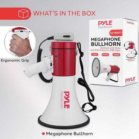 Pyle Megaphone Speaker PA Bullhorn - with Built-in Siren 50 Watts Adjustable Volume Control & Record Function - Ideal for Football, Baseball, Cheerleading Fans, Coaches or for Safety Drills PMP58U in Saudi Arabia