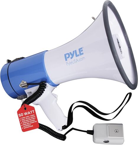 Pyle Megaphone Speaker PA Bullhorn - with Built-in Siren 50 Watts Adjustable Volume Control & Record Function - Ideal for Football, Baseball, Cheerleading Fans, Coaches or for Safety Drills PMP58U in Saudi Arabia
