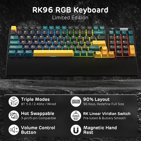 RK ROYAL KLUDGE RK96 RGB Limited Ed، 90% 96 مفتاحًا لاسلكيًا 3 أوضاع BT5.0/2.4G/USB-C لوحة مفاتيح ميكانيكية قابلة للتبديل السريع مع مسند للمعصم، التحكم في مستوى الصوت، برنامج، بطارية ضخمة، مفتاح RK Viridian in Kuwait