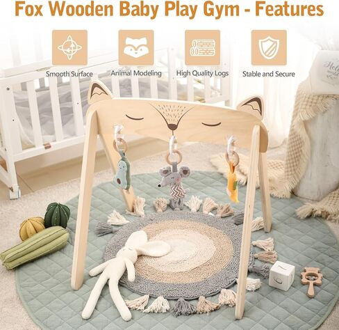 Baby Play Gym, Baby Activity Gym with Montessori Toys, Wooden Play Gym for Tummy Time, Stand Learning & Baby Activity Center, Natural Wooden Baby Gym for 3 6 12 Months, Newborn Gift for Boys Girls in Kuwait