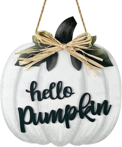 Fall Wreaths for Front Door Wooden Thanksgiving Hello Pumpkin with bow Hanging Sign Front Porch Decor Door Sign Rustic Farmhouse Wall Living Room Home Decorations 11.8 x 10.8 Inch White in Saudi Arabia