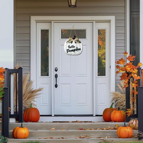 Fall Wreaths for Front Door Wooden Thanksgiving Hello Pumpkin with bow Hanging Sign Front Porch Decor Door Sign Rustic Farmhouse Wall Living Room Home Decorations 11.8 x 10.8 Inch White in Saudi Arabia