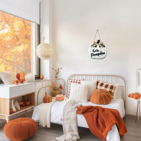 Fall Wreaths for Front Door Wooden Thanksgiving Hello Pumpkin with bow Hanging Sign Front Porch Decor Door Sign Rustic Farmhouse Wall Living Room Home Decorations 11.8 x 10.8 Inch White in Saudi Arabia
