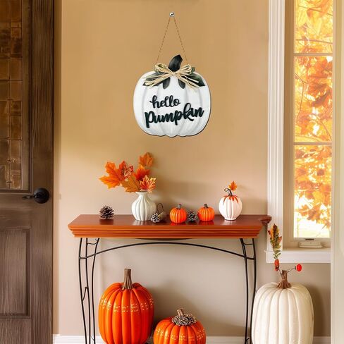 Fall Wreaths for Front Door Wooden Thanksgiving Hello Pumpkin with bow Hanging Sign Front Porch Decor Door Sign Rustic Farmhouse Wall Living Room Home Decorations 11.8 x 10.8 Inch White in Saudi Arabia