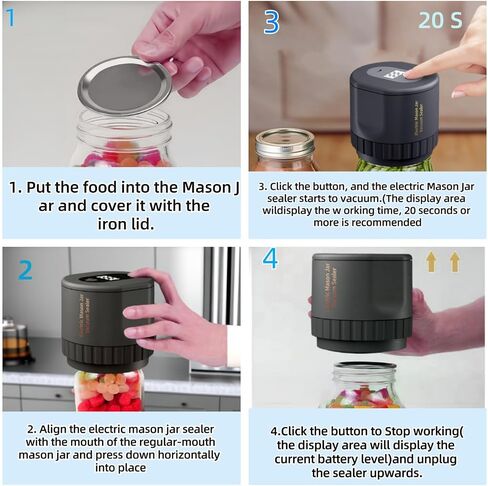 Electric Mason Jar Vacuum Sealer, Cordless Vacuum Sealer Kit for Wide Mouth and Regular Bore Mason Jars, Vacuum Sealer for Food Storage and Fermentation, Compatible with Black in Saudi Arabia