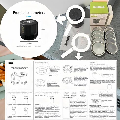 Electric Mason Jar Vacuum Sealer, Cordless Vacuum Sealer Kit for Wide Mouth and Regular Bore Mason Jars, Vacuum Sealer for Food Storage and Fermentation, Compatible with Black in Saudi Arabia