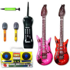 Inflatable Rock Star Toys Set Inflatable Guitar Microphone for 80's Party Decorations 90s Party Favors Hip Hop Inflatable Instruments Party Props Theme Party Supplies for Kids & Adults 17Pack