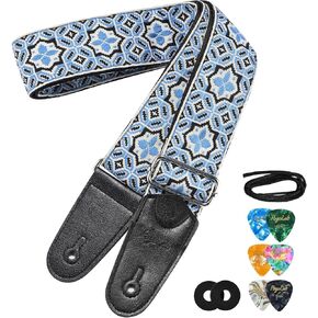 Guitar Strap, 2" Wide Jacquard Embroidery Cotton Adjustable Bass Strap with Leather Ends, with Strap Locks & Picks