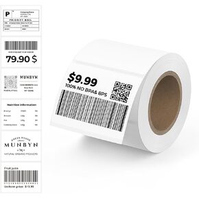 MUNBYN 2.25"x1.25" Thermal Sticker Labels, White Self-Adhesive Barcode Label Paper for Direct Thermal Printer and Business, Multi-Purpose Rectangle Address Shipping Mailing Stickers,1000 Sheets/Roll