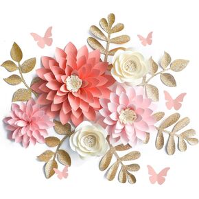 Fonder Mols 3D Handcrafted Paper Flower Decorations for Wall (Set of 16, Mint Peach Ivory), Monogram Sign Decorations, Girl Baby Shower Flowers, Girl Nursery Flowers Decor, Wedding Centerpiece