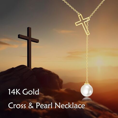 KECHO 14k Gold Pearl Y Necklace for Women Freshwater 8mm Pearl Larial Pendant Jewelry Wedding Anniversary Birthday Gifts for Her in Kuwait